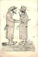 Jewish men, hand-painted art postcard, Judaica