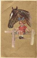 Gold Italian art postcard, girl with horse, Anna & Gasparini 112-4, unsigned Corbella (Rb)