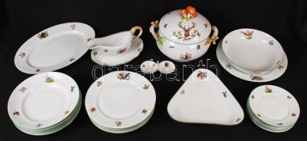Herendi Chasse, tetes moyennes (vadász) mintájú étkészlet, kézzel festett, jelzett, hibátlan, összese: 26 db / Herend Chasse, tetes moyennes dinner set, perfect condition, hand painted