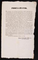 1849 Buda, Windischgrätz herceg kiáltványa a magyar néphez, statárium a rögtönítélő bíróságok felállításáról, kinyilvánítja, hogy mindenki, aki a Kossuth-féle felszólításnak engedelmeskedik, rögtönítéleti eljárás alá kerül, külön pontban rendelkezve az izraelitákról