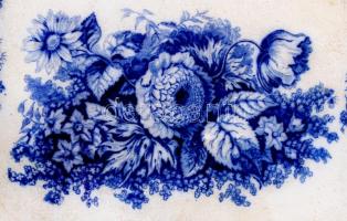 Bouquet kék virágmintás porcelán süteményes tál, mázhibával, jelzett, 30x37 cm