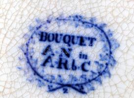 Bouquet kék virágmintás porcelán süteményes tál, mázhibával, jelzett, 30x37 cm