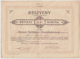 Budapest 1920. "Nemzeti Hitelintézet Részvénytársaság" részvénye 200K-ról szelvényekkel (3x) sorszámkövetők T:II-,III