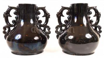 Badár Balázs (1855-1938): Füles váza pár, mázas kerámia, apró máz hibákkal, jelzett, m:28 cm