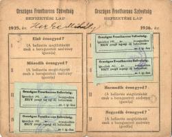 1934-1936 Az Országos Frontharcos Szövetség befizetési lapja és igazoló jegyetagdíjbélyegekkel