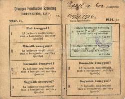 1934-1936 Az Országos Frontharcos Szövetség befizetési lapja és igazoló jegyetagdíjbélyegekkel
