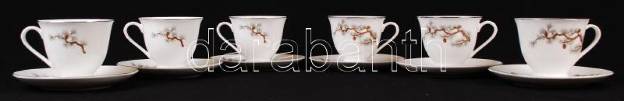 Jelzett kínai teás csésze és alj (6db), kézzel festett, jelzett, 2 db apró csorbával