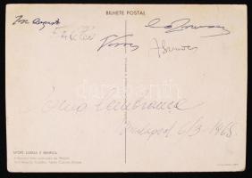 1964 Hires labdarúgók Eusebio, Torres, José Augusta, Coluna, Simones. Képeslap saját kezű aláírásaikkal! Budapesten dedikált lap / Autograph signed postcard from famous football players