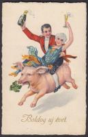 New Year, Couple riding on a pig, champagne, clover 'Erika Nr. 6056.' (EB)