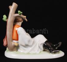 Kézzel festett Zsolnay furulyázó juhász, jelzett, hibátlan, m:18 cm, h:21 cm