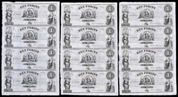 1852. 1Ft "Kossuth bankó" kitöltetlen A,B,C,D 4-es ívben (3x), nyomdai ujjlenyomattal és apróbb penészfoltokkal T:I- Hungary 1852. 1 Forint blokk of 4 (A,B,C,D) (3x) without date and serial number with black fingerprints C:AU Adamo G122e.