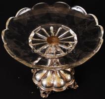 Antik alpakka kínáló, hibátlan üveg tetővel, m:18 cm, d:24 cm