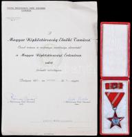 1951. "A Magyar Népköztársasági Érdemérem ezüst fokozata" zománcozott ezüstözött bronz kitüntetés mellszalaggal, szalagsávval és miniatűrrel adományozói tokban, adományozói okirattal T:2 Hungary 1949. "Medal of Merit of the Hungarian Peoples Republic Silver class" enamelled silver plated Br decoration on ribbon, with thin ribbon and miniature in original case, with awarding document C:XF NMK 535.