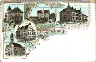 Kluczbork, Kreuzburg; Höhere Mädchenschule, Dragoner Kaserne, Reichspost, Amtsgericht, Rathaus / girl school, barrack, post office, court, town hall floral Art Nouveau litho (b)