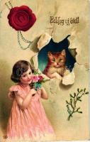 New Year, girl and cat, litho (EK)