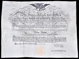 1909. "A Lipót-rend Lovagkeresztje" kitüntetés adományozó oklevele Balta Béla részére, szárazpecséttel, Ferenc József sajátkezű aláírásával T:többször hajtott, átázás nyomai Hungary 1909. Awarding document of the "Order of Leopold Knight's Cross" decoration for Béla Balta, with embossed stamp and autograph signature of Franz Joseph  C:folded, wet damage