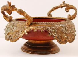 Antik füles kínáló, gazdagon díszített peremmel, réz, zománc, m:13 cm, d:23 cm