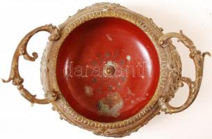 Antik füles kínáló, gazdagon díszített peremmel, réz, zománc, m:13 cm, d:23 cm