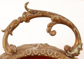 Antik füles kínáló, gazdagon díszített peremmel, réz, zománc, m:13 cm, d:23 cm