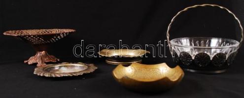 Fém tétel: Kínáló tálak, kosarak tálkák, üvegbetéttel, hibátlanok, összesen: 5 db