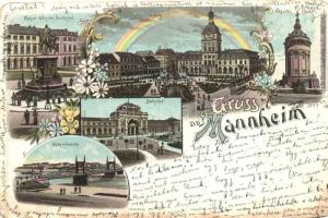 1899 Mannheim, Parardeplatz, Wassekthurm, Kaiser Wilhelm Denkmal, Bahnhof, Neckarbrücke / square, tower, statue, railway station, bridge floral Art Nouveau litho (b)