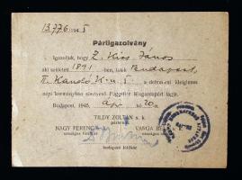 1945 Bp., Független Kisgazdapárt által kiállított pártigazolvány