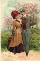 Walking couple, romantic litho postcard