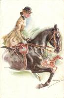 Jockey lady, Italian art postcard, Erkal No. 320/4 s: Usabal (EK)