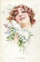 Hölgy virággal, olasz művészlap PFB Nr. 3986/5 s: Usabal, Flieder / Italian art postcard PFB Nr. 3986/5 s: Usabal