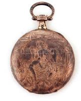 Ezüstözött fém zsebóratok a szántás és aratás motívumaival, d: 5 cm