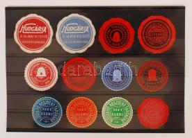 12 db pecsétbélyeg (Hungária Általános Biztosító, Bártfai Takarékpénztár, Újvidék Takarékpénztár, Arad, Kaposvár, Monor stb.)