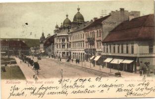 Kolozsvár, Cluj; Főtér, Stein Bertalan vászon, fehérnemű és szőnyegraktára, Szele Márton üzlete, Kováts P. Fiai kiadása / Main square, canvas, underwear and carpet warehouse, shops (EK)