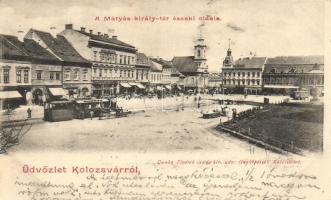 Kolozsvár, Mátyás király tér, Európa kávéház, Gergely Ferenc üzlete, Kiss Ernő üzlete / square, cafe, shops