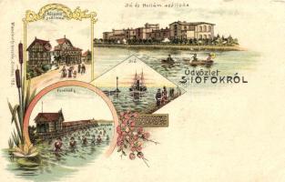 Siófok, Sió és Hullám szálloda, Központi szálloda, Fürdőház, Sió, Art Nouveau, litho