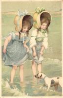 Girls with dog, litho