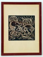 Farkasházy Miklós (1895-1964): Halászok. Linómetszet, papír, jelzett, üvegezett keretben, 20×21 cm