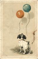 Dog with balloons, Emb. litho (small tear)