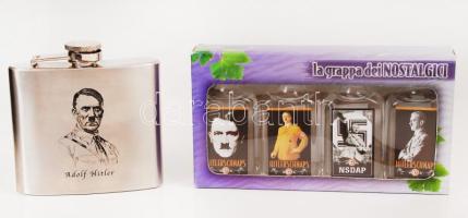Zsebben hordható pálinkás üveg Hitler gravírozással, és 4 üveg Hitlerschnaps (40% alkohol)