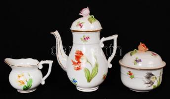 Herendi virágmintás mokkás két személyes készlet, kézzel festett, rózsán apró lepattanások, jelzett