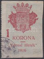 1916 Székesfehérvár városi illetékbélyeg 1K függőleges alnyomattal