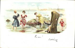 1899 Ladies on the beach, litho, 1899 Hölgyek a tengerparton, litho