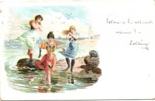 1899 Ladies on the beach, litho (small tear)