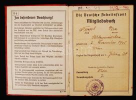 1938 Német Munkásfront (Die Deutsche Arbeitsfront) tagsági könyve tagbélyegekkel /
1938 Die Deutsche...