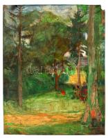 Olvashatatlan jelzéssel: Pihenő a fák alatt. Tempera, papír,szakadt a sarkoknál, 65×51 cm