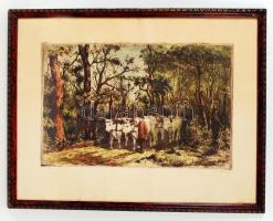 Kovács József: Hazatérés. Színezett rézkarc, papír, jelzett, üvegezett keretben, 26×40 cm