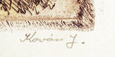 Kovács József: Hazatérés. Színezett rézkarc, papír, jelzett, üvegezett keretben, 26×40 cm