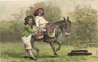 Children on donkey Emb. litho (wet damage)