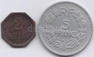 Franciaország 1946. 5Fr + Ausztria DN 2h "Bécsi és Floridsdorfi Északi Vasút" közlekedési bárca T:2-,2 France 1946. 5 Francs + Austria ND 2 Heller "Notdbahn Wien und Floridsdorf" token C:VF,XF