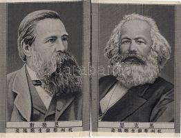 ca 1950 Marx, Engels, Lenin, Sztálin és Mao 5db selyem kép / 5 Seidenbilder