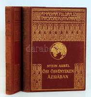 Magyar Földrajzi Társaság Könyvtára: Stein Aurél: Ősi ösvényeken Ázsiában. Három kutató utam Ázsia szívében és Kína északnyugati tájain. I-II. köt. 148 képpel és 1 térképpel. Ford. Halász Gyula. Bp., é. n., Franklin Társulat. Aranyozott vászonkötésben, jó állapotban, a gerince kicsit kopottas.